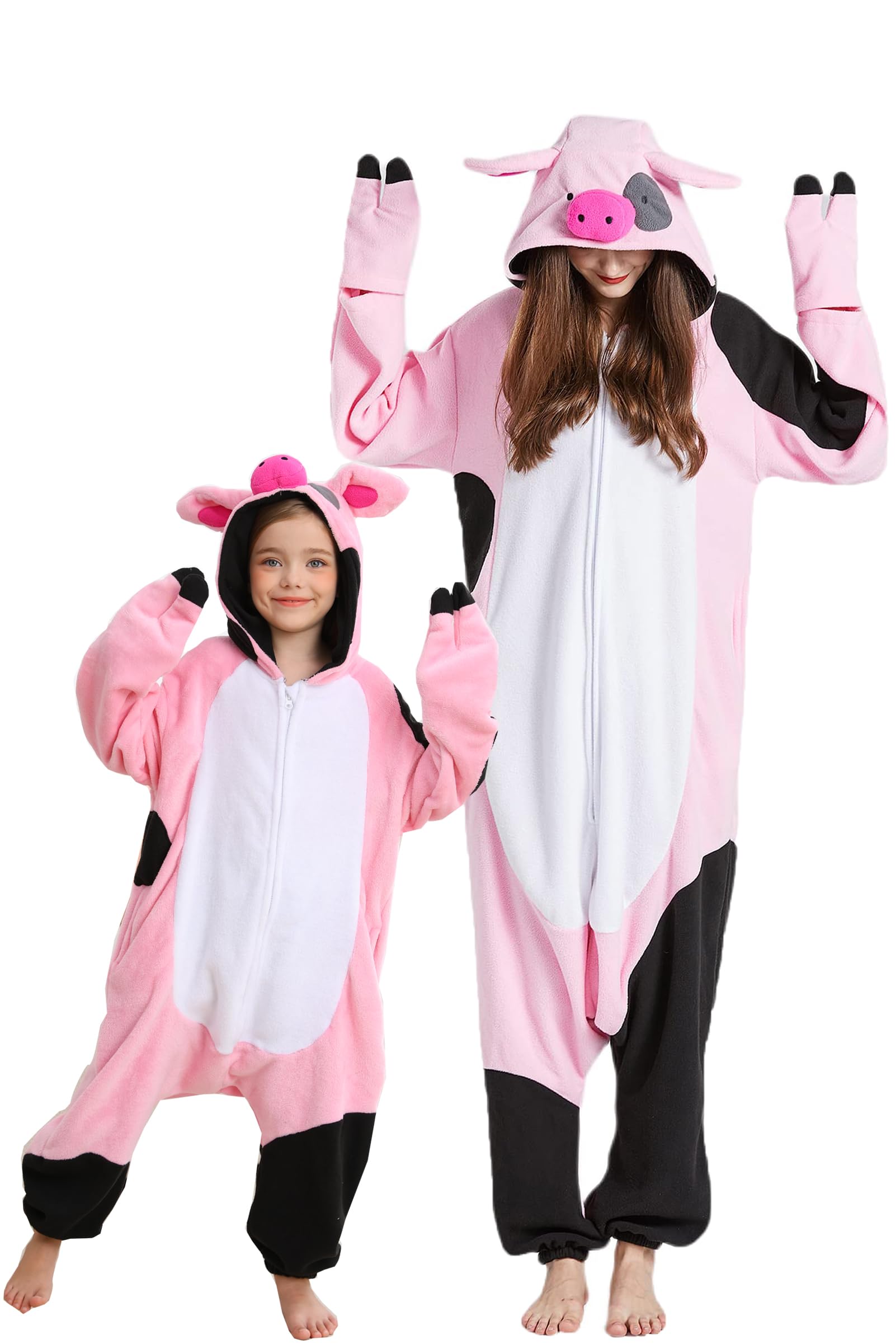 DarkCom Animal Onesie for Kids,Flannel Cosplay Piebald Pig Halloween Costume Parent-Child Sleepwear for Girls Boys 10-11 Years