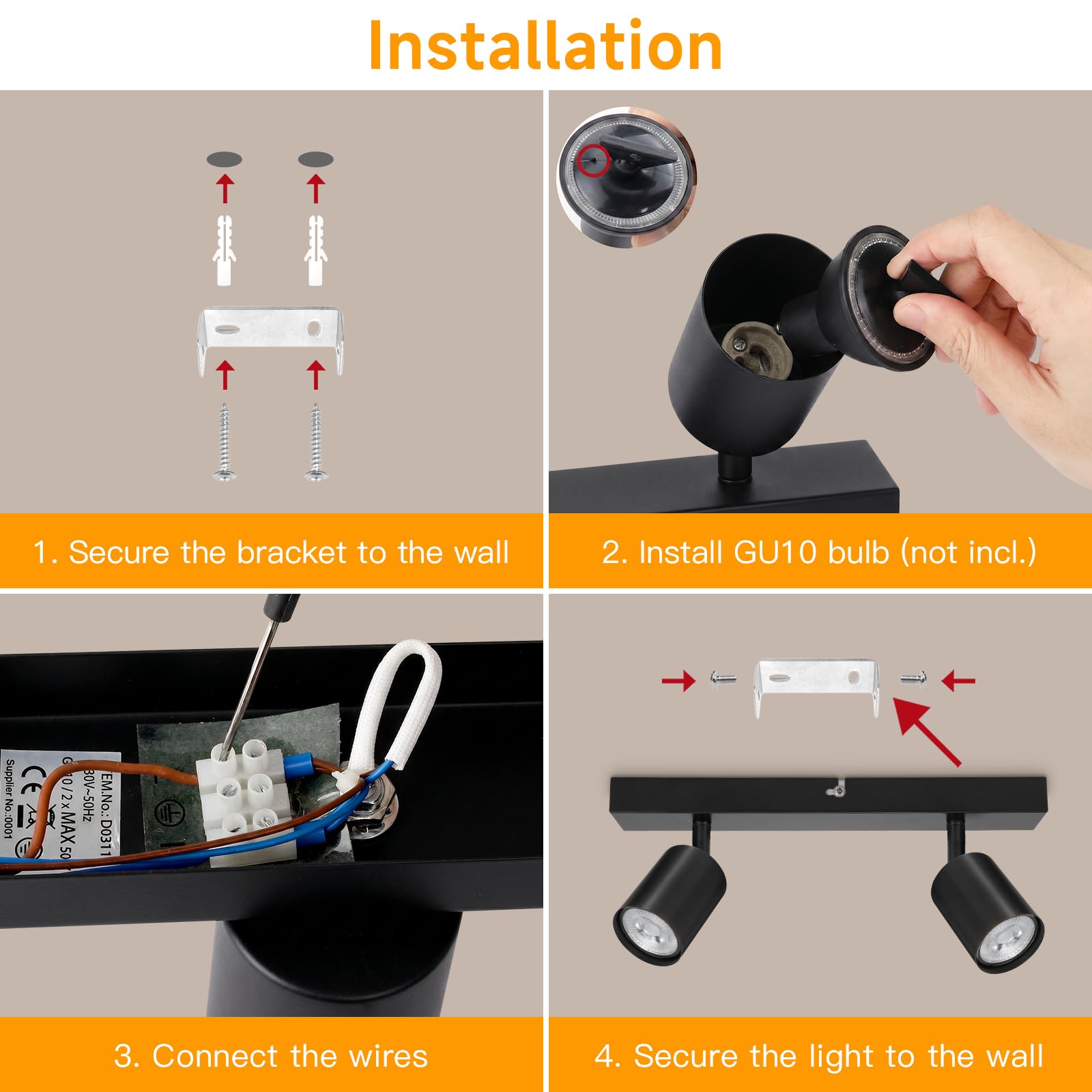 Lámpara de Techo de 2 Focos Giratorios GU10, Lámpara de Pared Interior LED Negro Ajustables, Foco de Pared para Interior Iluminación para Dormitorio Pasillo Cocina, Sin Bombilla GU10