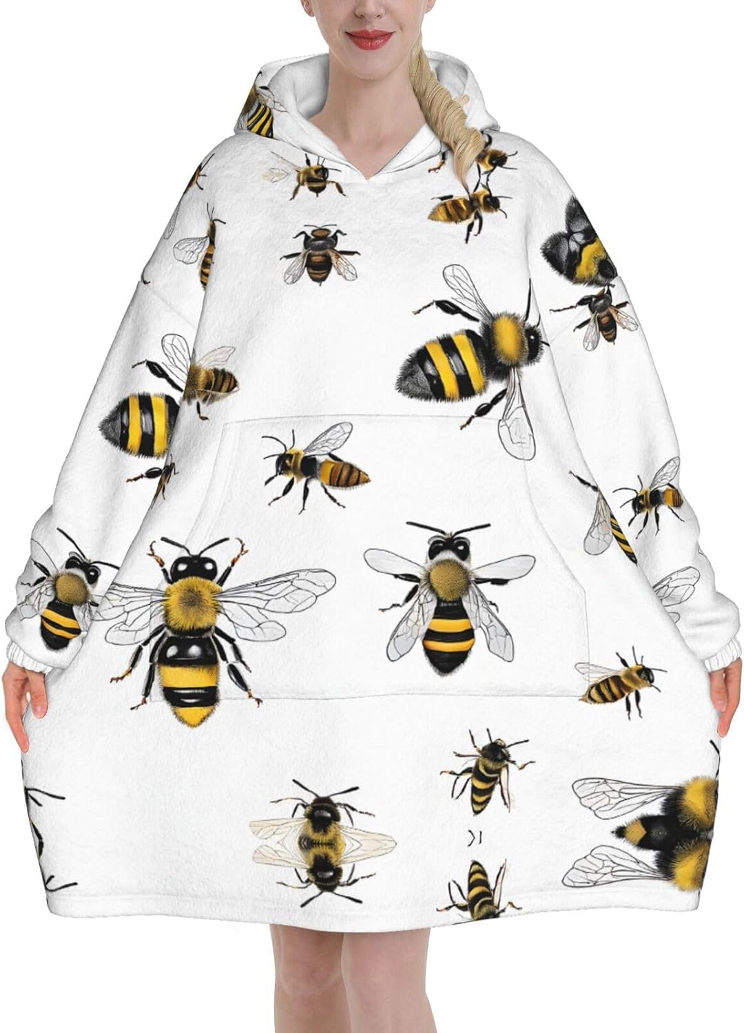 MUSM Funny Bees Print Blanket Hoodie Fleece Sweatshirt Blanket With Sleeves And Pockets