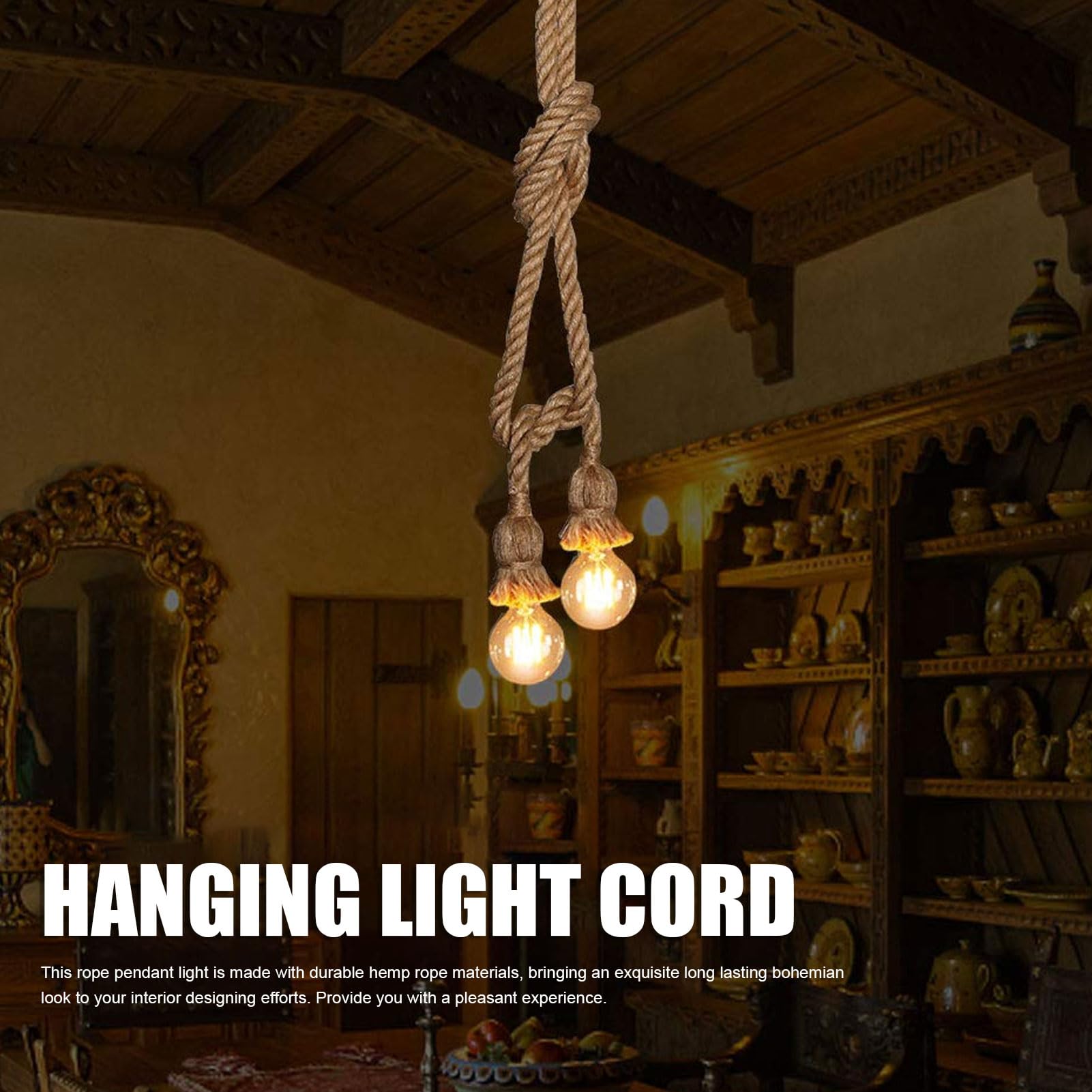 Fockety Lámpara Colgante de Cuerda de Cáñamo de 8 Cabezas, Cable de Luz Colgante de Cuerda de Cáñamo Trenzado Industrial Vintage de 6.5 Pies con Casquillo E26 E27,Lámpara Colgante de Ratán