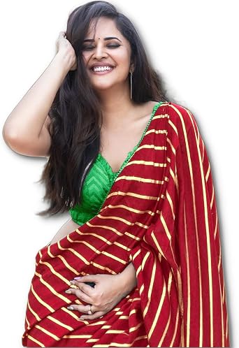 ساري نسائي من Sidhidata Textile برقائق الحرير مع قطعة بلوزة غير مخيطة باللون الأحمر