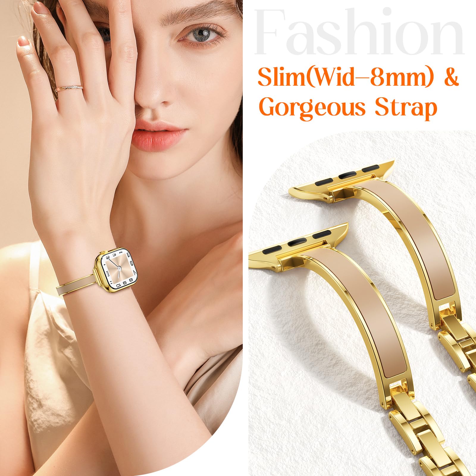Mosonio Slim Designer Bracelet Bands for Apple Watch Women, Elegant Thin Dressy Metal Band with Embedded Silicone Accents Compatible with Apple Watch Ultra / Series 11 10 9 8 7 6 5 4 SE 3 2 1, Easy-Adjust Link Fancy Strap for iWatch 49mm 46mm 45mm 44mm 42mm 41mm 40mm 38mm (Sizes vary by model) — view 3
