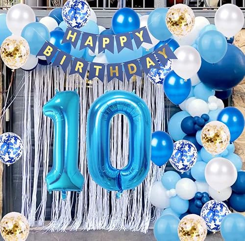 Miniatura 2 de Decoraciones de cumpleaños número 10, color azul para niños y niñas, pancarta de feliz cumpleaños número 10, globos de papel de aluminio de látex