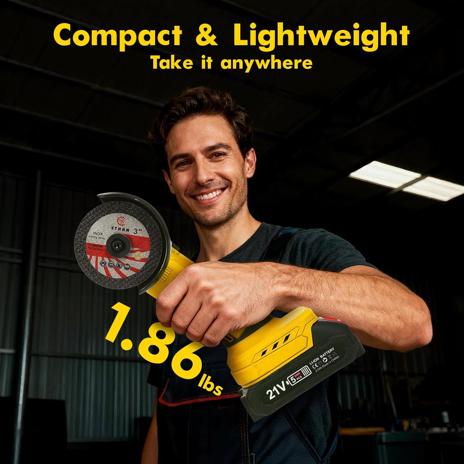 Cordless Angle Grinder Kit, 19000rpm Brushless Mini Angle Grinder with 2PCS 2000mAh Battery & 7pcs Cutting Discs, 21V Electric Cordless Grinder Tool for Metal Wood Polishing Rust Removal (Yellow)