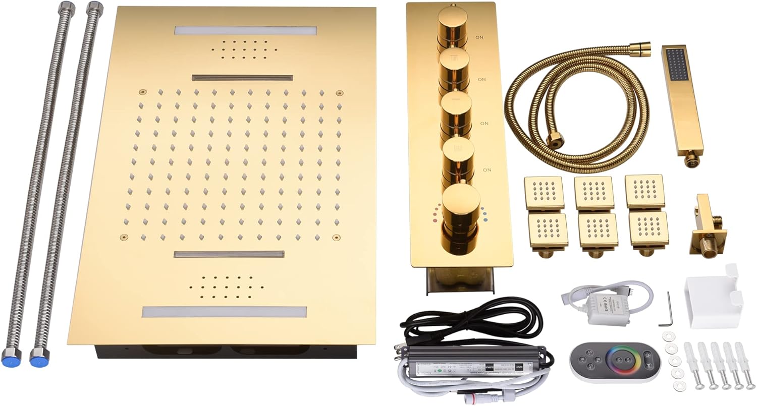 Cascada Luxury 15” x 23” LED Music shower system with built-in Bluetooth Speakers, 4 function (Rainfall, Waterfall, Body jet & Handshower) & Remote Control 64 Color Lights (Antique Brass)