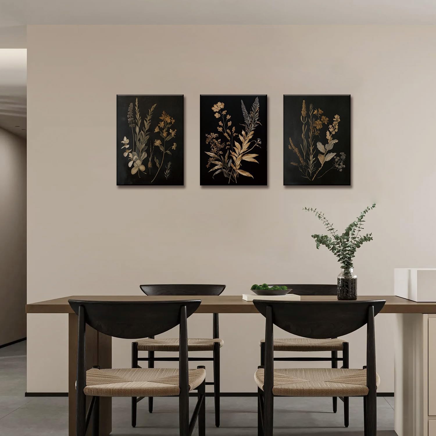 TUEASKY 3 Piece Floral Canvas Wall Art Dark Moody Wall Decor Botanical Pictures Wildflower Paintings 3 pieces Flower Prints for Bedroom Living Room