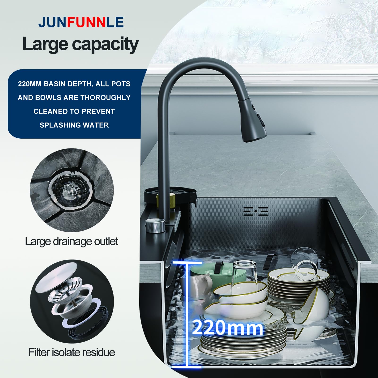 Lavello Cucina 1 Vasca Grande 68x45cm, Moderno Lavello Cucina in Acciaio Inox, Cascata a Lavello Multifunzione, Con Rubinetto, Sifone e Set di Drenaggio (Kitchen Sink)
