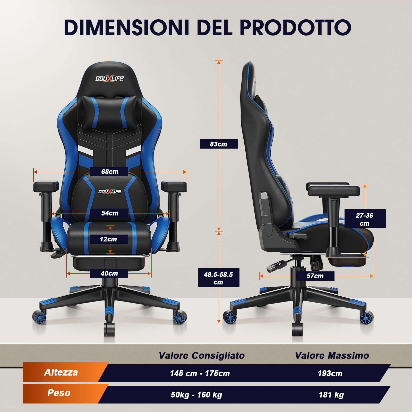 Douxlife Sedia da Gaming con Massaggio a Impasto, Ergonomica Sedia da Ufficio con Riscaldamento, Poggiapiedi, Reclinabile da 90° a 175°, Braccioli 2D più Spessi, Portata 180 kg, Blu