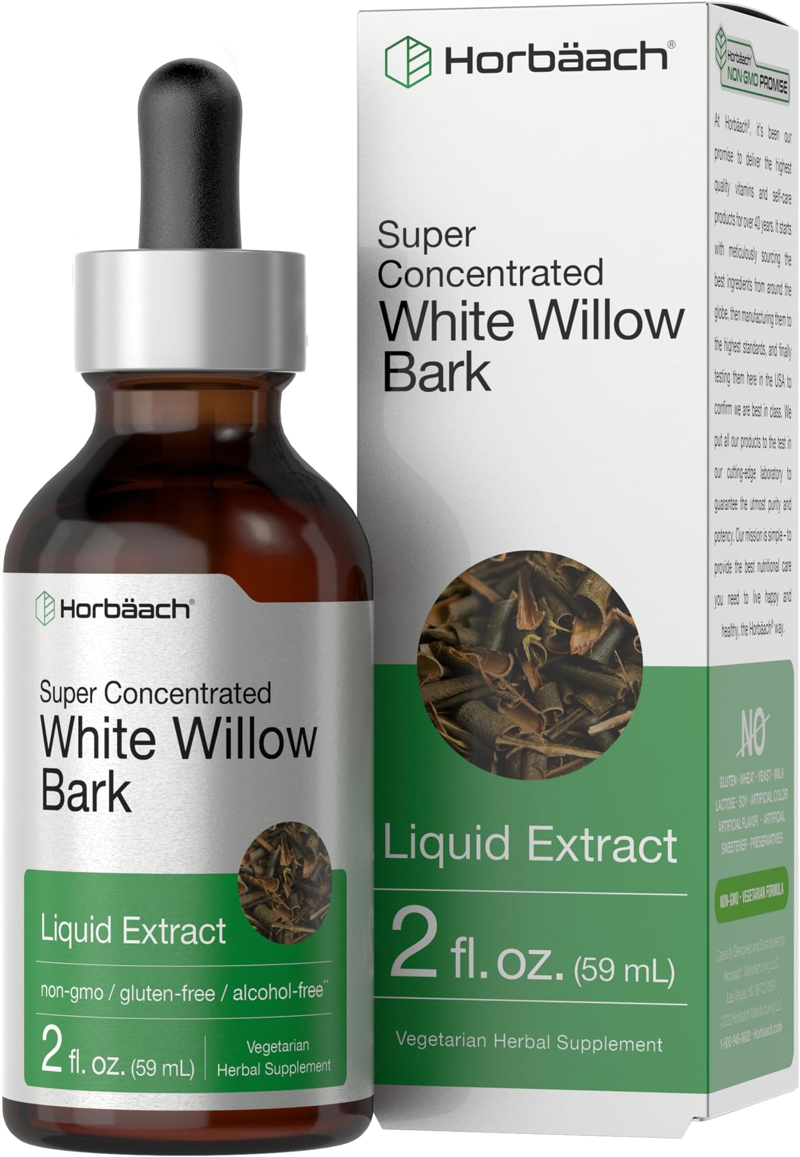 Horbäach White Willow Bark Extract | 2 fl oz | Alcohol Free Liquid Tincture | Super Concentrated | Vegetarian, Non-GMO, Gluten Free