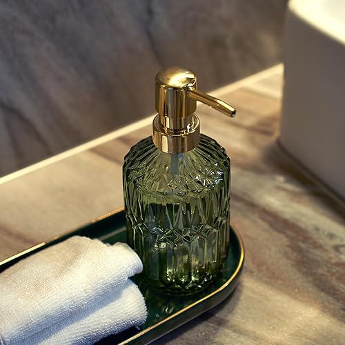 Miniatura 5 de Dispensador de jabón de vidrio Botella verde Bomba de plástico dorado Fregadero de cocina recargable Encimera Dispensador de platos de mano