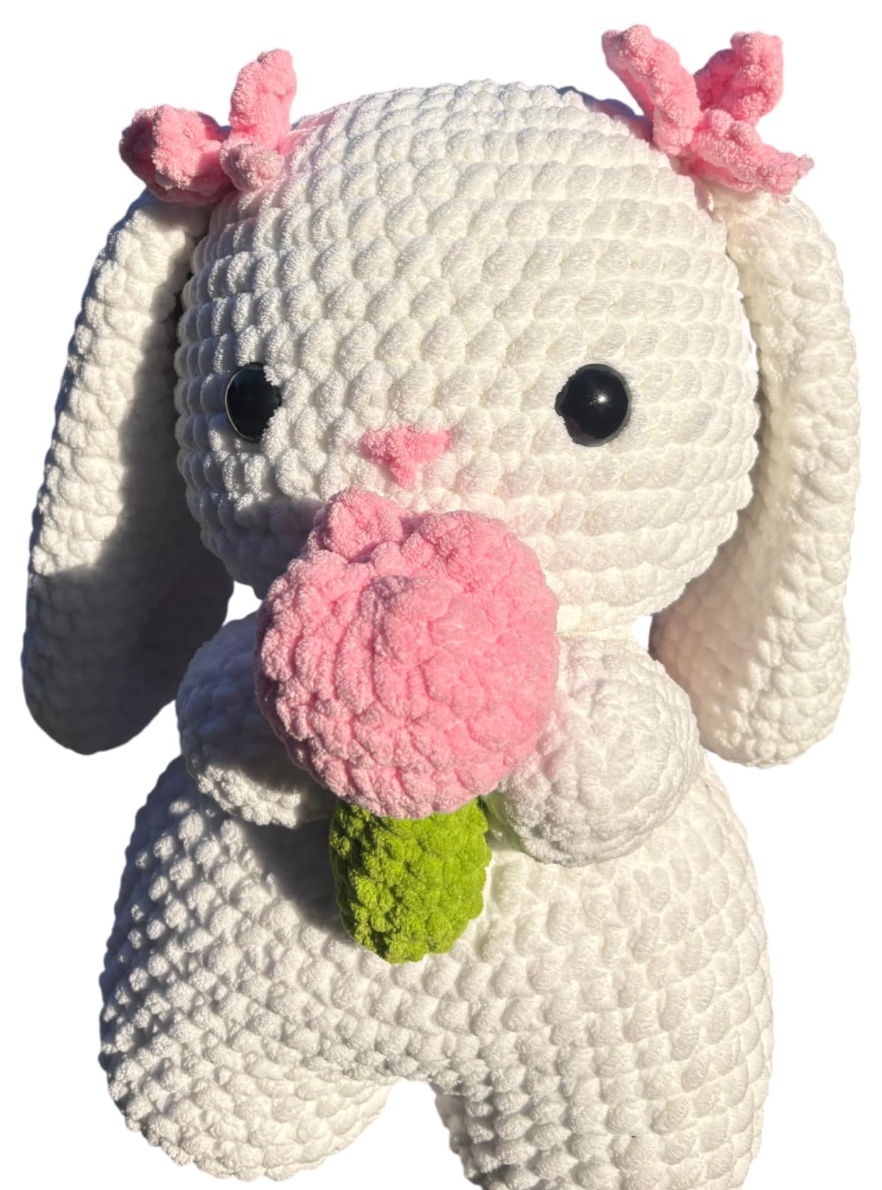 Handmade Crochet Bunny, White with Pink Accents, Soft Plush, Amigurumi Style, Holding Flower-image-45