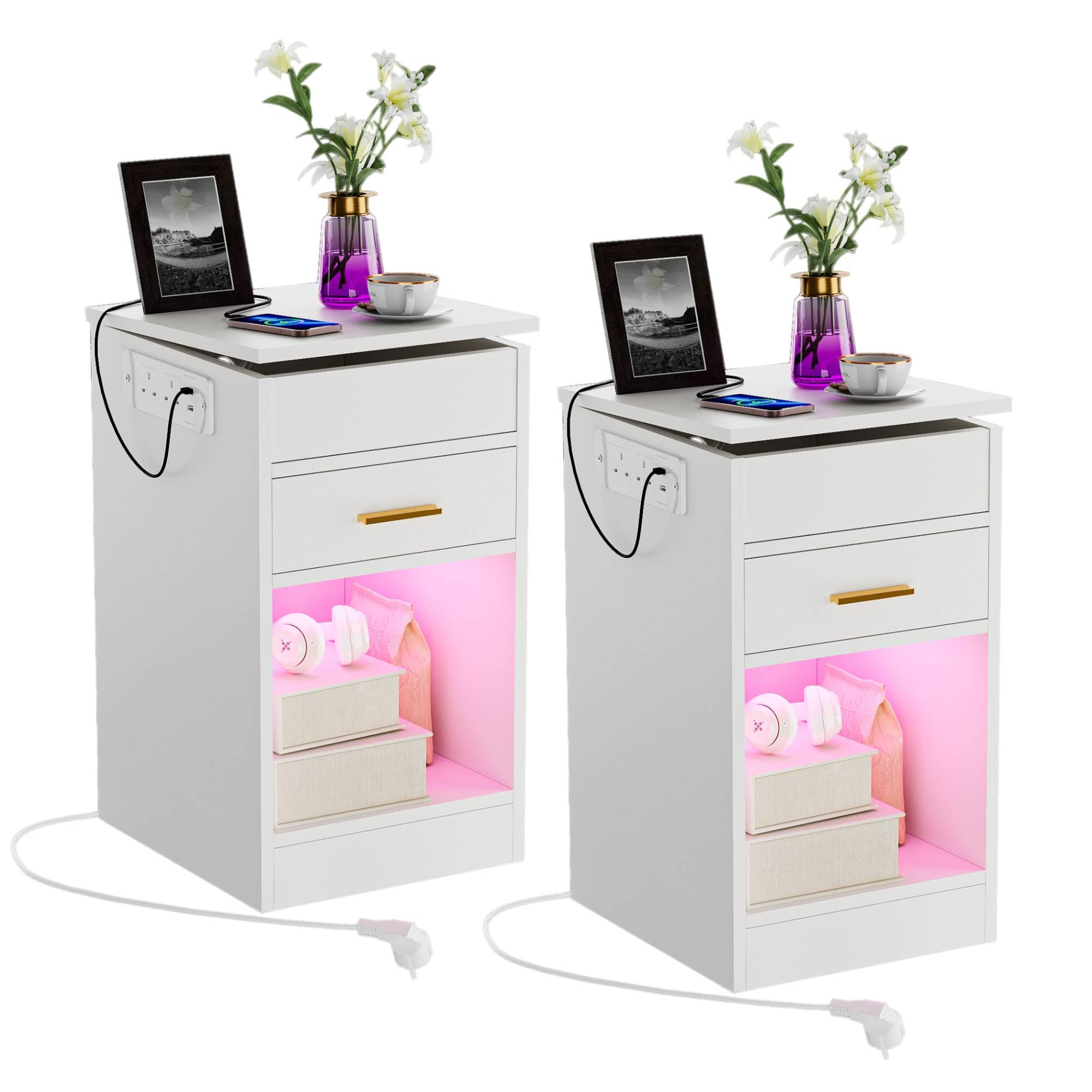 Ztexkee Set of 2 Bedside Tables with Power Socket Nightstands with RGB light End Table 1 drawers and 1 Big Storage compartments Bedside Table for Bedroom Living Room White