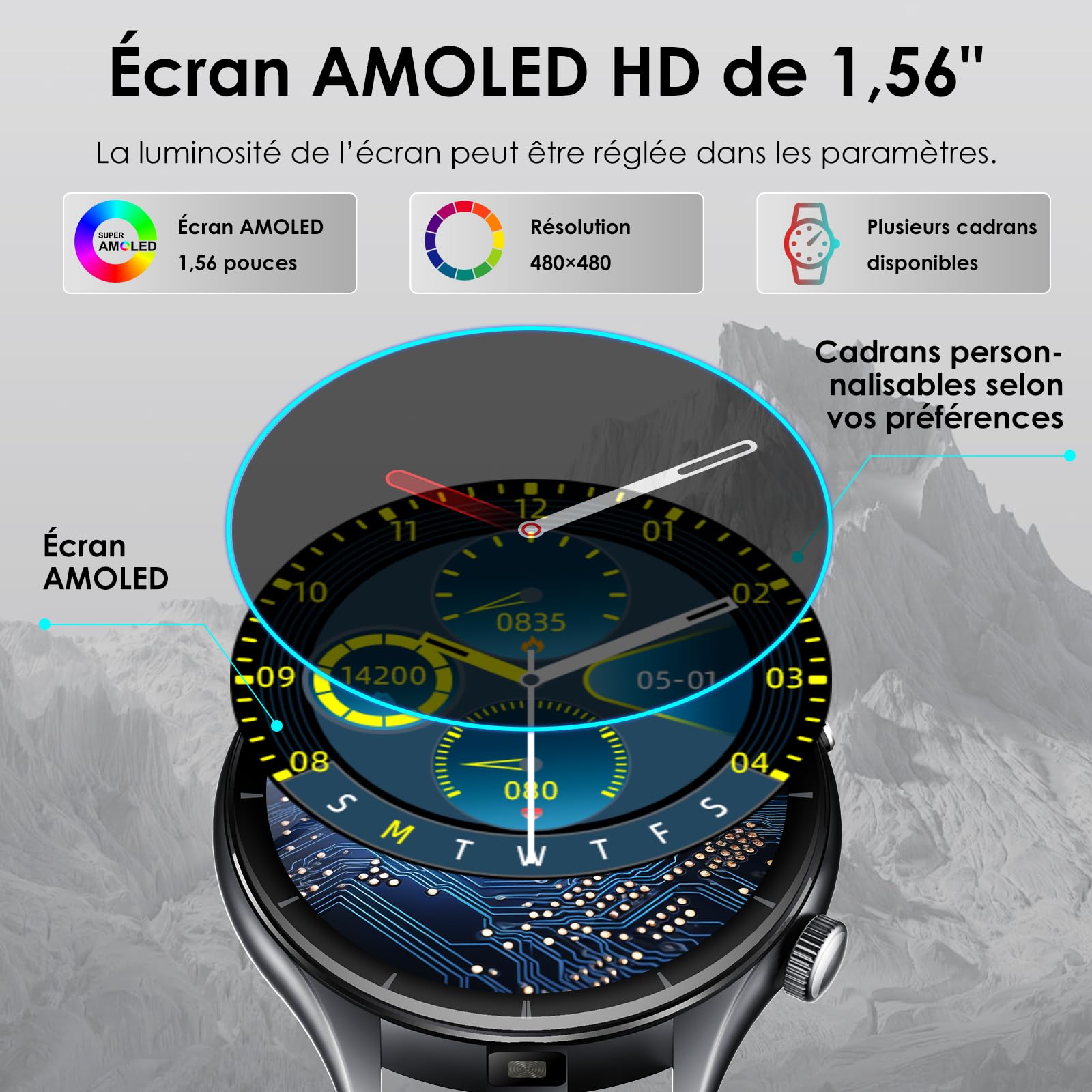 2026 Montre Connectée Homme avec ECG/HRV/Tension Artérielle/Sport/Sommeil | Smartwatch Santé avec Emotions/Fatigue, 1,56" AMOLED,24H Fréquence Cardiaque/SPO2/Température Corporelle,Appel Bluetooth/SOS