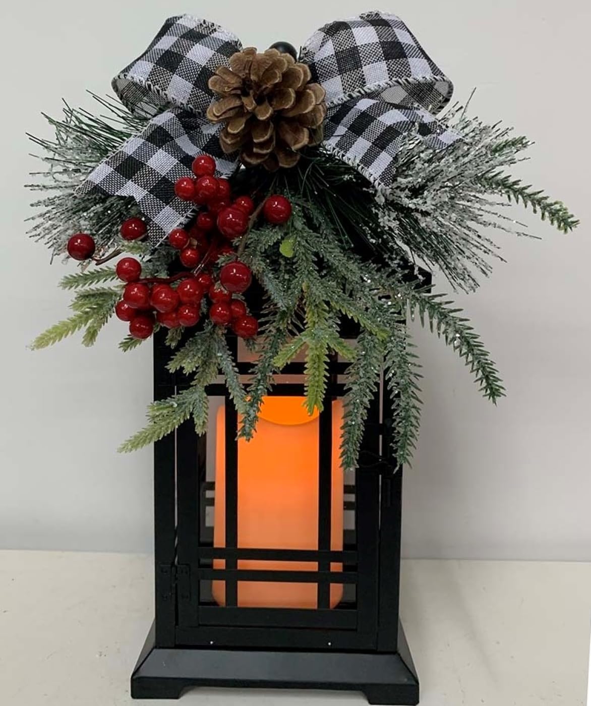 Hobby Lobby Black Metal and Glass LED Lantern with Berry and Pinecone Accents