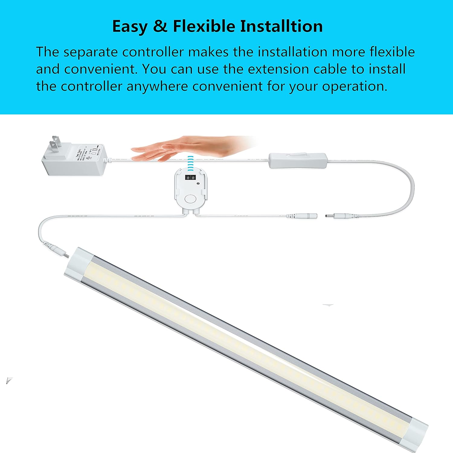 Under Cabinet Lighting LED 20In Kitchen Under Counter Light Fixtures Dimmable with Manual Sensor Control,Desk,Over Sink,Tool Box Hutch Light Bar Plug in,3000K Warm White,Sliver White,1pcs