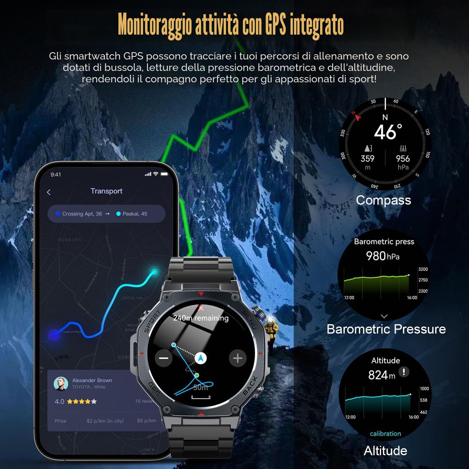 Smartwatch Uomo GPS, 1.43" AMOLED Militari Orologio Smartwatch con Chiamate Bluetooth, 5 ATM Smart Watch con Sonno/Cardiofrequenzimetro/Torcia/Bussola, 160+ Sportive Fitness Tracker per Android iOS