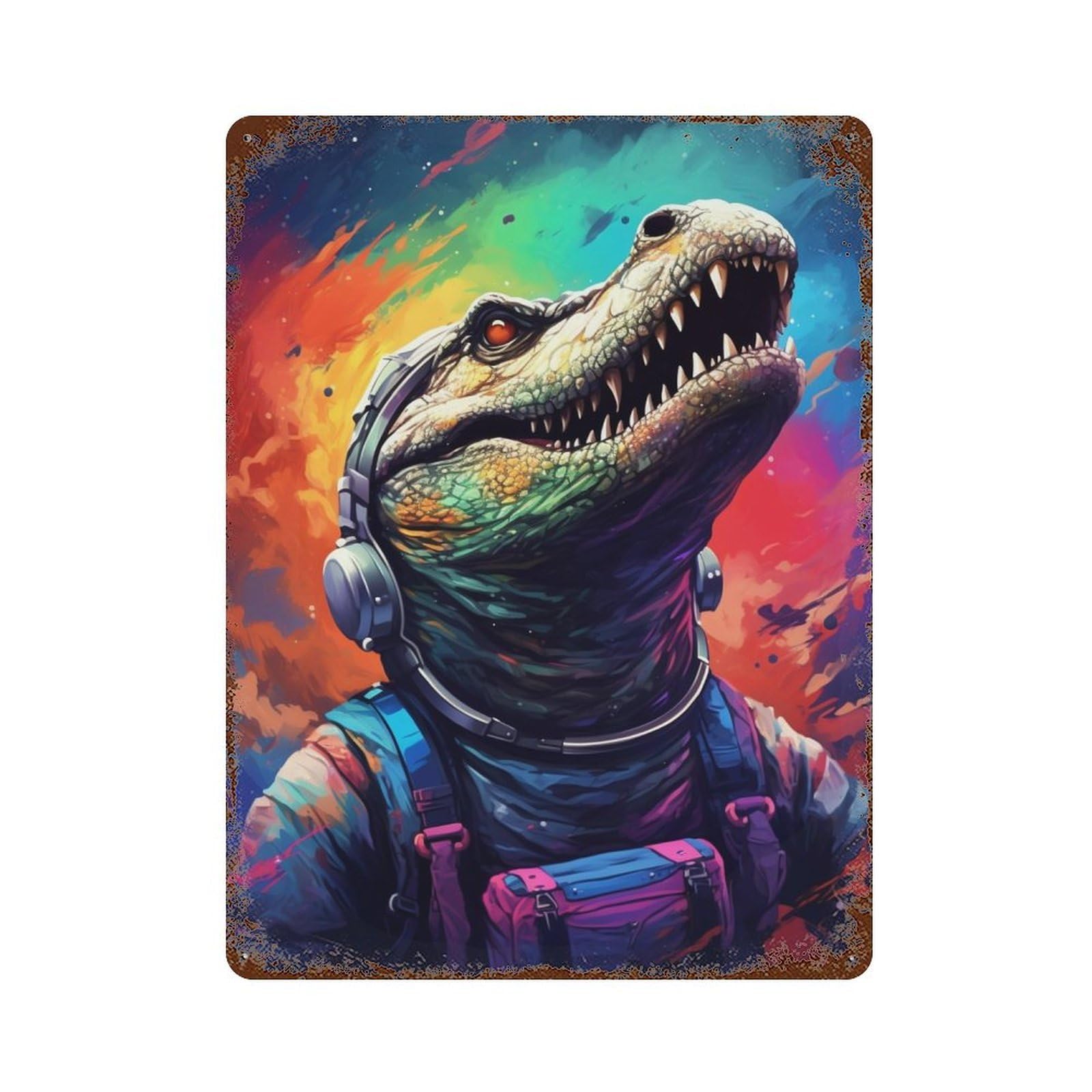 Colorful Dinosaur Astronaut Artwork Retro Metal Sign 15.7"x11.8", for Patio, Garden Room And Bar Decor, Vintage Wall Decor