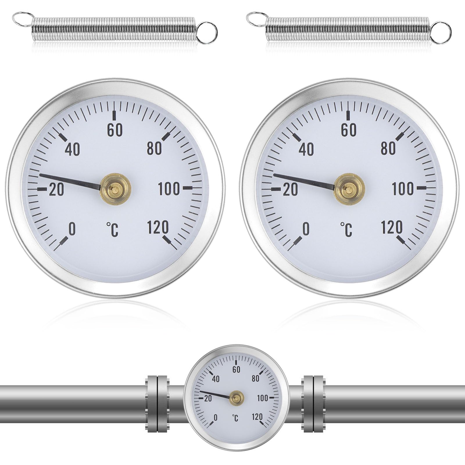 Weploda 2 Stück Rohrthermometer Edelstahl - Clip-On Temperaturanzeige 0-120°C Für Heizung & Warmwasser