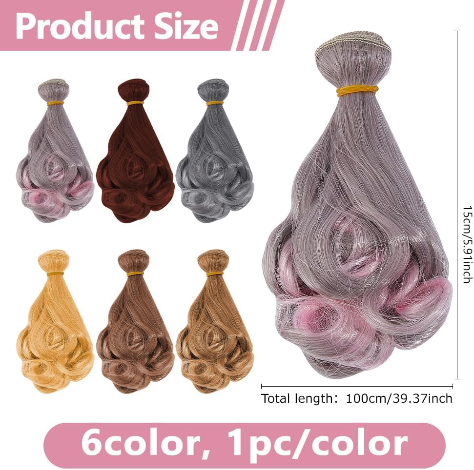 DICOSMETIC 6Pcs Doll Hair Wig 15cm Curly Short Doll Hair High Temperature Fiber Dolls Hairs Weft Extensions Dark Color Faux Hairs Replacement for Adult Dolls Making Kits Arts Supplies
