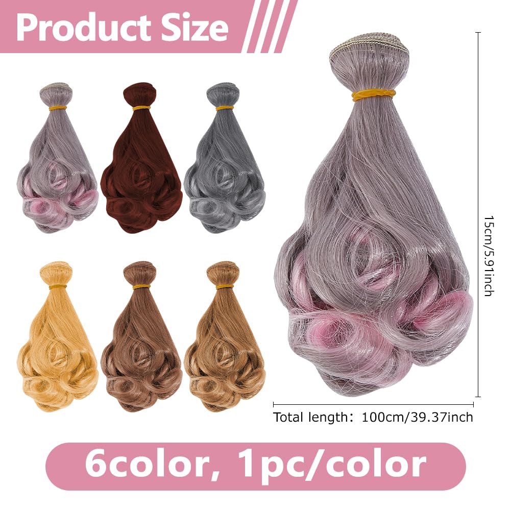 DICOSMETIC 6Pcs Doll Hair Wig 15cm Curly Short Doll Hair High Temperature Fiber Dolls Hairs Weft Extensions Dark Color Faux Hairs Replacement for Dolls Making Kits Arts Supplies - Image 2