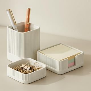 KIBAGA Concrete Desk Organizer Set of 3 - Aesthetic Pen Holder, Sticky Note & Paperclip Storage for Office Decor
