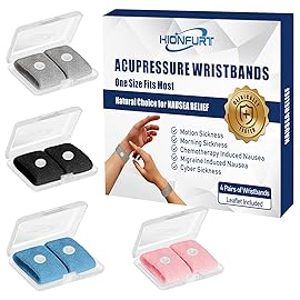 Hionfurt Motion Sickness Bands Anti Nausea Wristband for Adult and Kids Morning Sickness Relief for Pregnant Women Acupressure Nausea Relief for Car, Sea, Air Sickness -4 Pairs Grey, Black, Blue, Pink