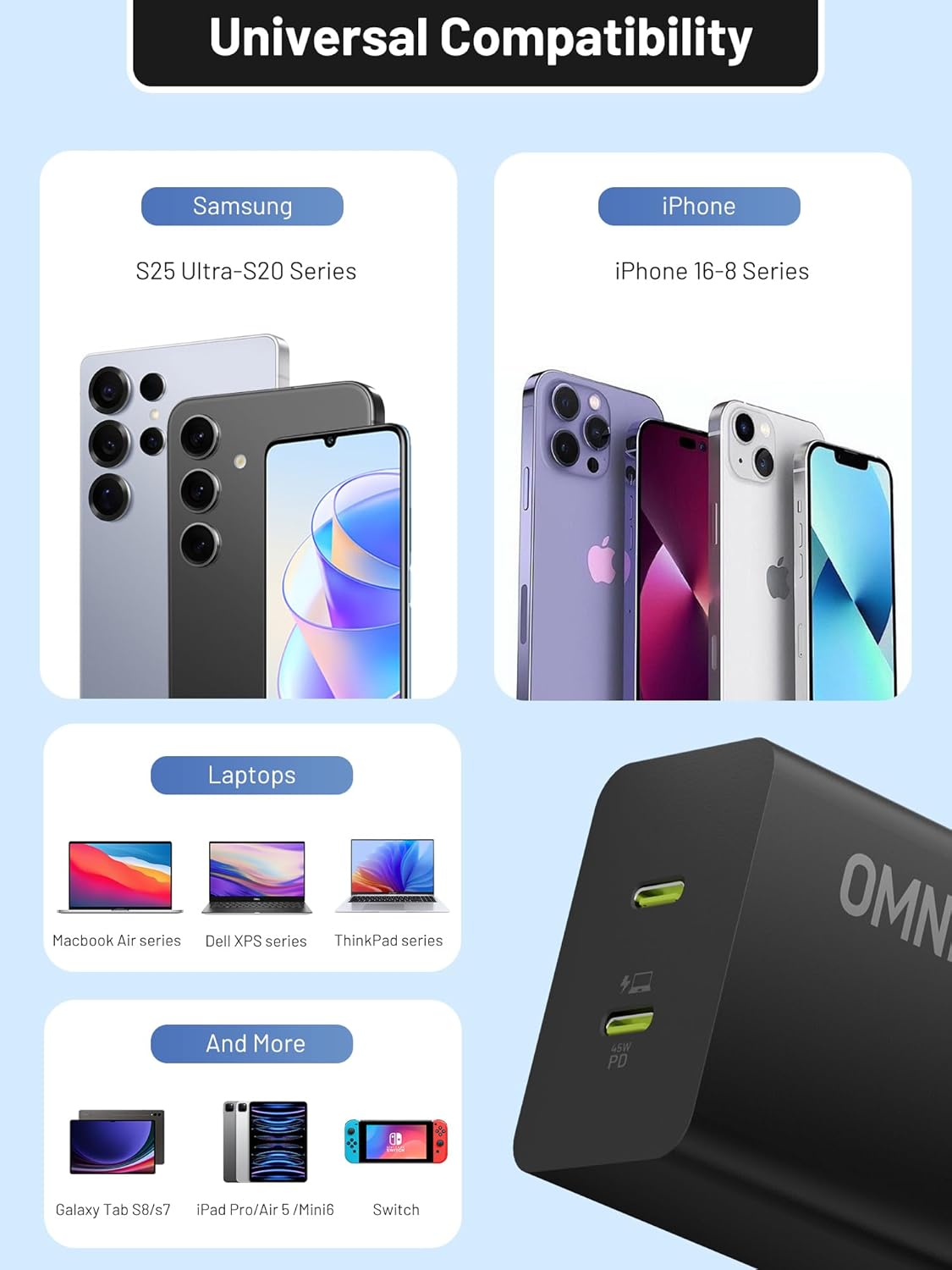 45W Dual USB C Charger, iPhone 17/16/15 Charger Fast Charging Block, Foldable PD3.0 PPS USB C Wall Charger, Compact Power Adapter for Samsung S25/S24/S23, iPad, AirPods, Speakers, DJI, Black - Image 7