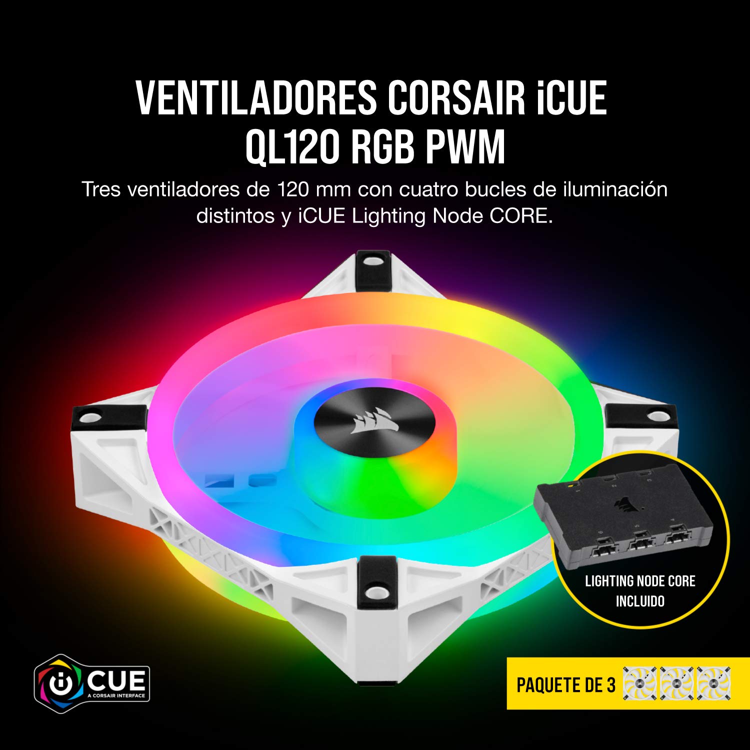 Corsair iCUE QL120 RGB, Ventilador LED RGB PWM de 120 mm (102 LED RGB Controlables Individualmente, Velocidades de Hasta 1500 rpm, Bajo Nivel de Ruido) Paquete de 3 con Lighting Node Core - Blanco