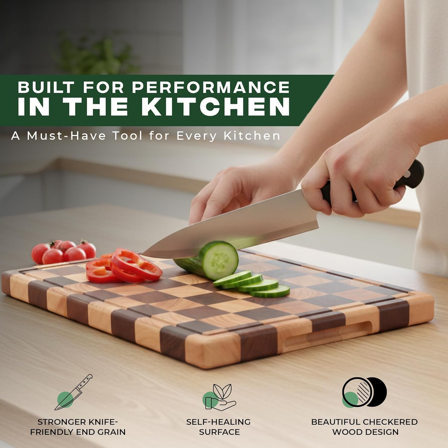 100% Organic Acacia Wood Cutting Board 16.5" x 11.6"–End Grain Checkered Wooden Cutting Board for Kitchen,Premium Butcher Block with Deep Juice Groove, Built-In Handle & Non-Slip Pads