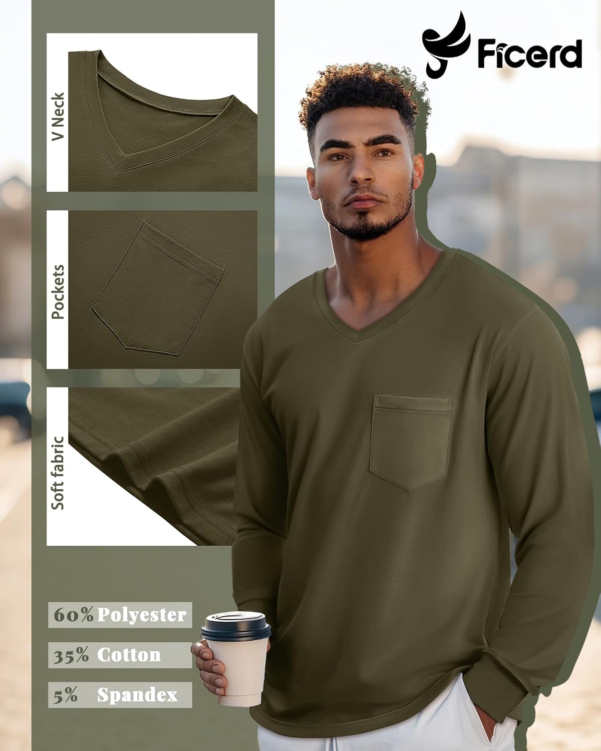 Ficerd 3 Pack Men's Big and Tall V Neck Shirts with Pocket Long Sleeve Plus Size Tops Basic Casual Loose Fall Tee - Image 5