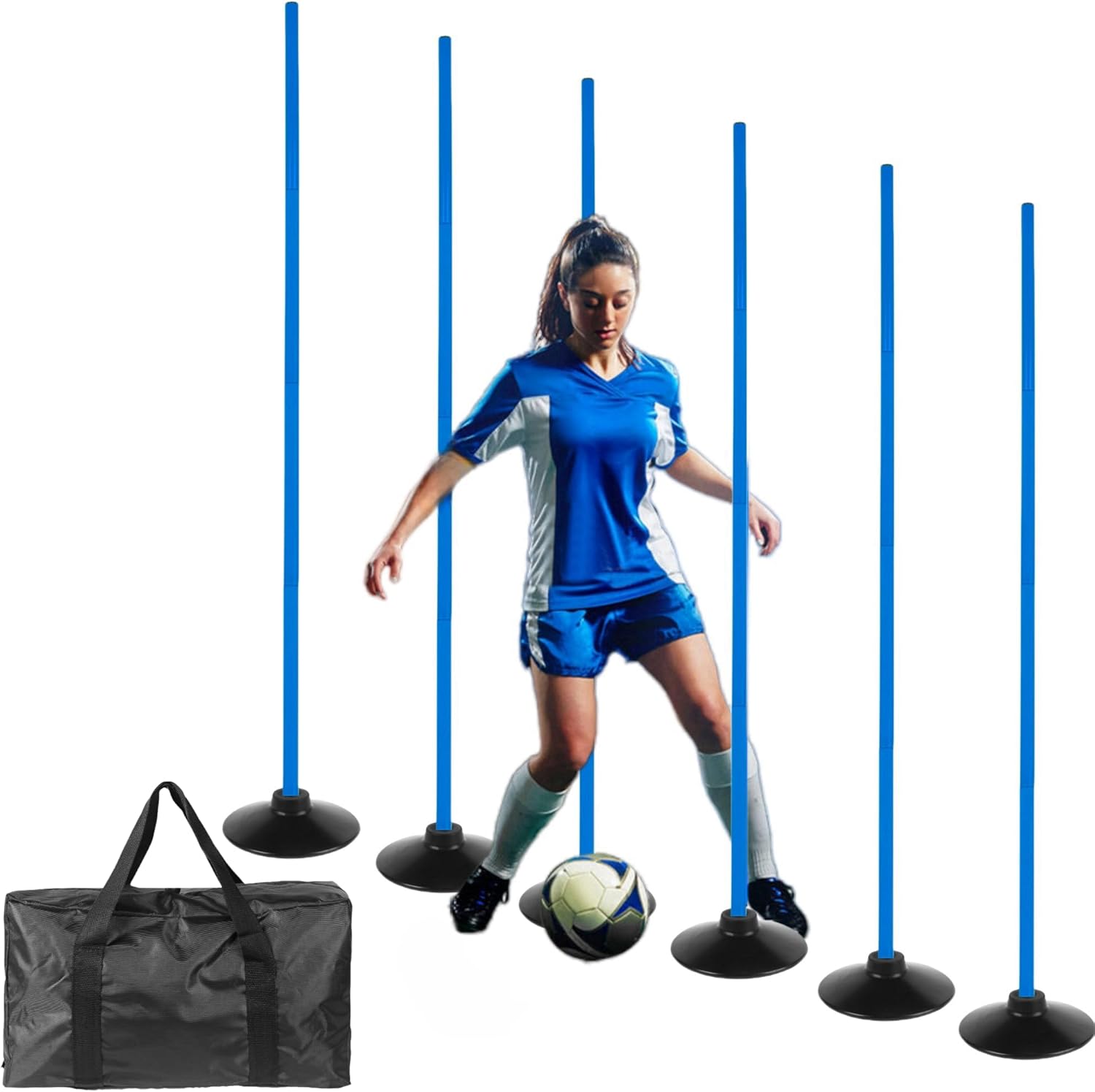 6 Pcs 5FT Adjustable Agility Training Poles for Soccer,Basketball, Football, Horse,Dog-Speed and Agility Training Equipment Sports Training Poles with Rubber Bases and Bag（Blue）