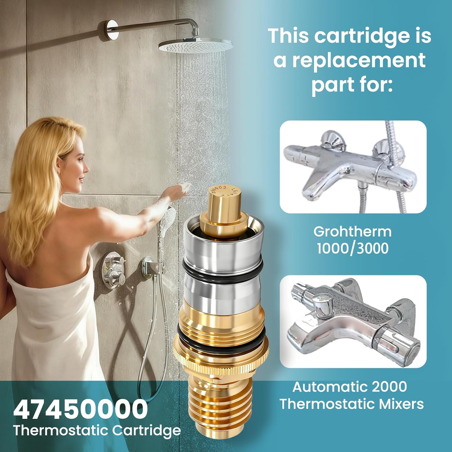 47450000/47450 ½″ Thermostatic Cartridge (Thermo-Element) – Compatible with Grohtherm 1000/3000 / Automatic 2000 Shower & Bath Mixer; Features Stainless Steel Slider to Prevent Corrosion
