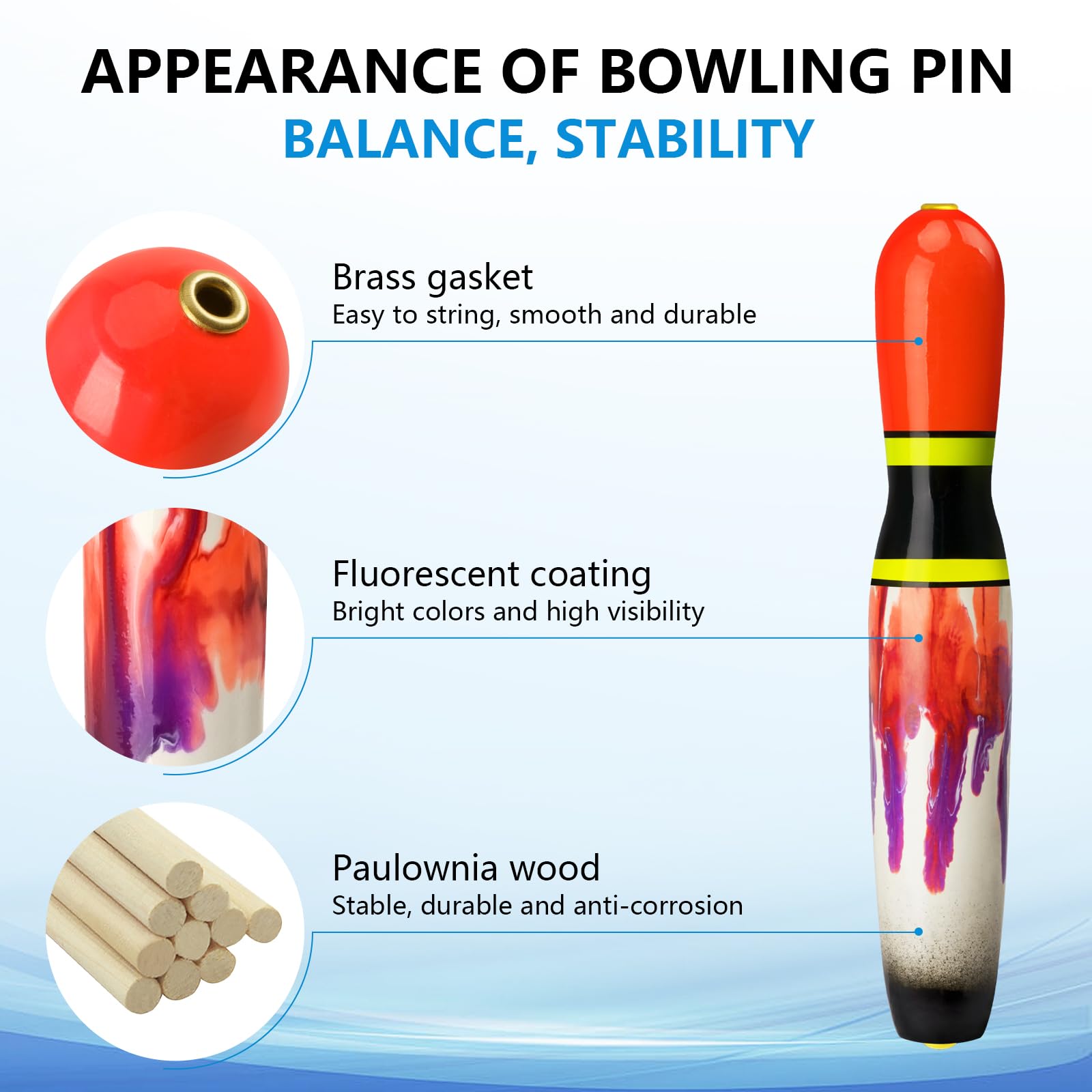 QualyQualy Catfish Fishing Bobbers, Weighted Catfish Pole Floats/LED Fsihing Bobber, 3PCS High Visibility Wood Pole Fishing Float