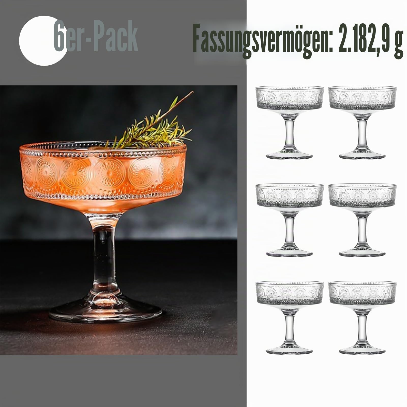 Cocktailgläser, 6er-Set, 200 ml, Espresso-, Martini-Gläser, Coupé-Gläser zum Servieren von Cocktails, Party, Manhattan als Barglas oder Hausbar