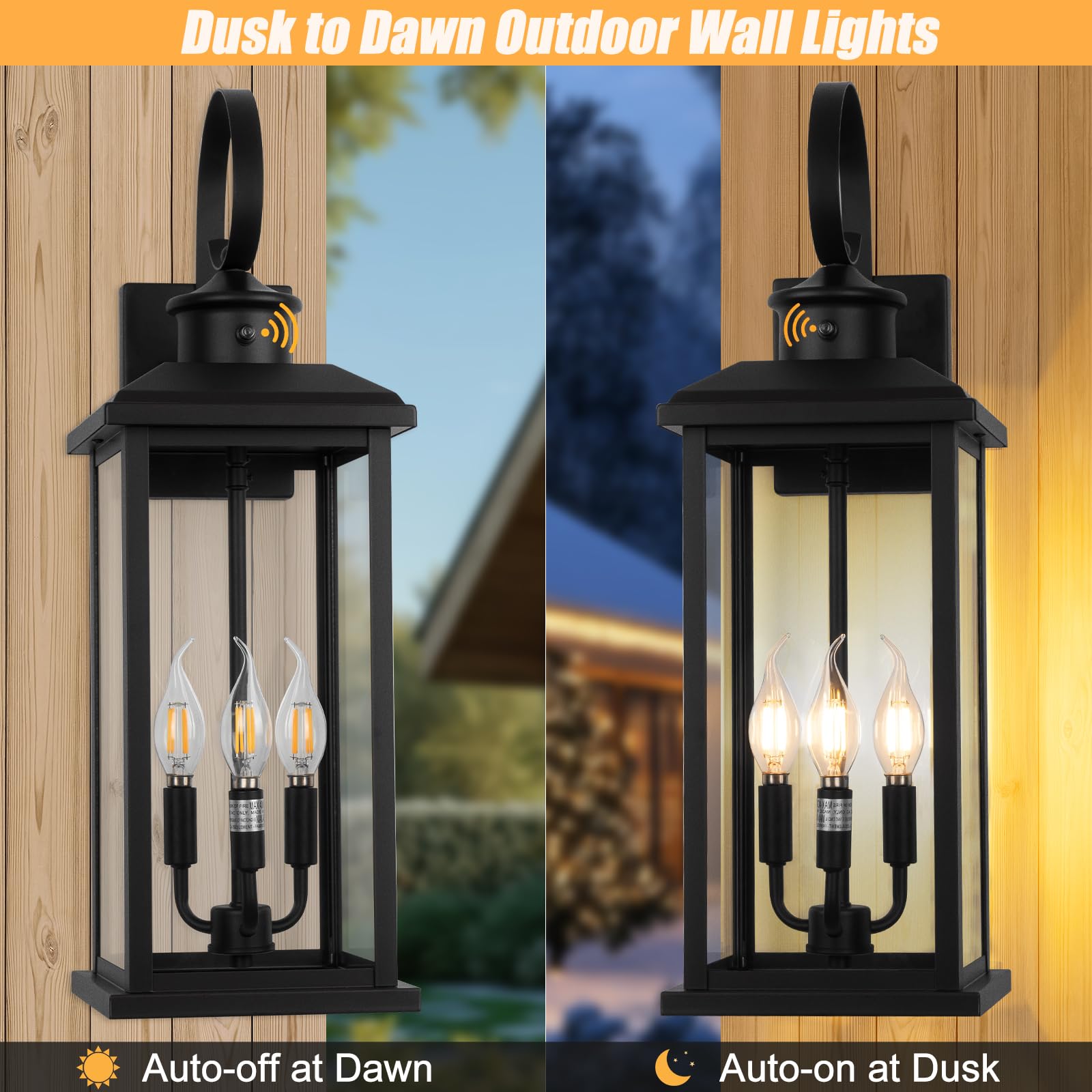 24 Dusk to Dawn Outdoor Wall Light Fixture 2 Pack-Black Extra Large Modern Porch Lantern 3-Light Waterproof Exterior — view 7