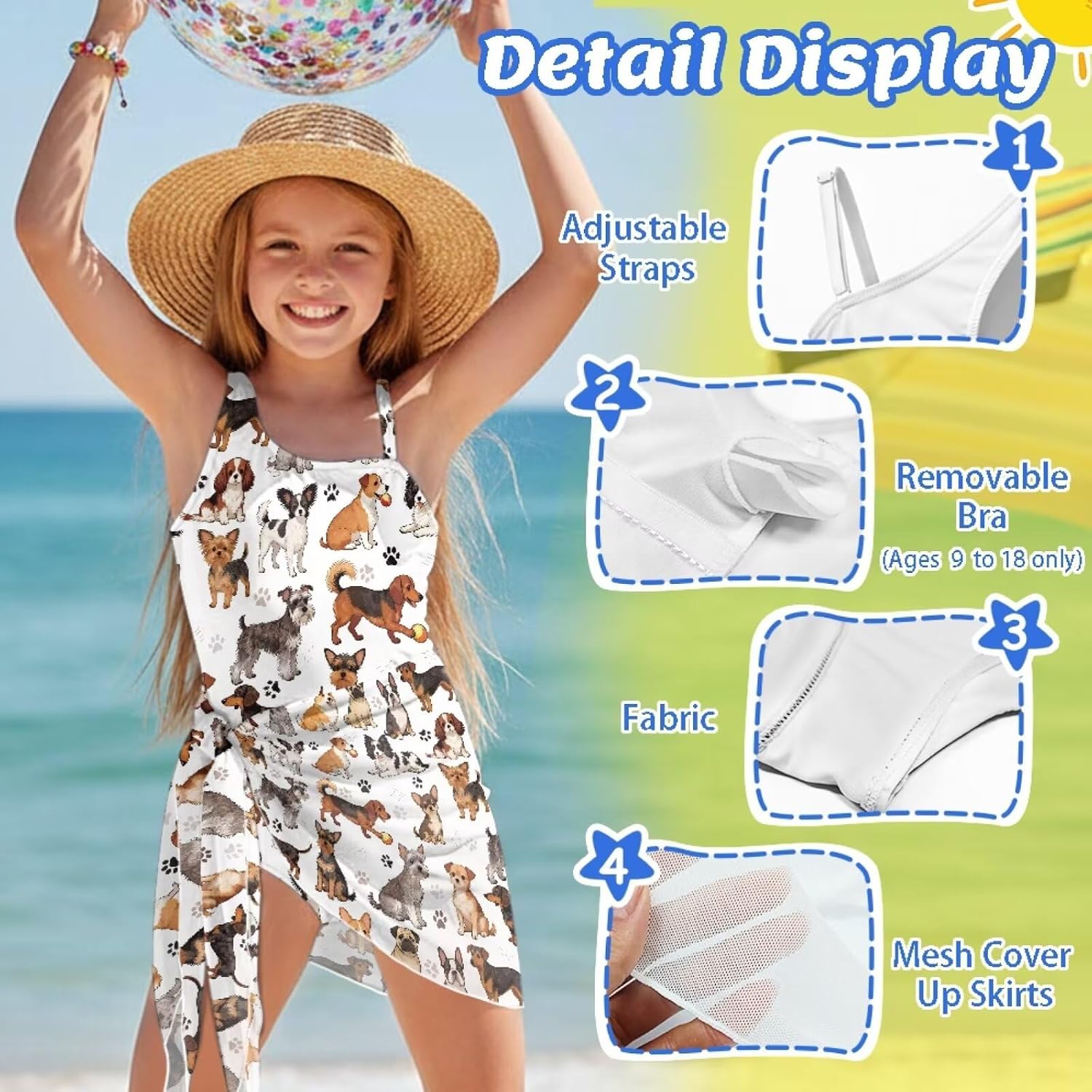 Girls One Shoulder Beach Swimsuit with Mesh Cover Up Full Coverage Kids Summer Bathing Suit for Vacation