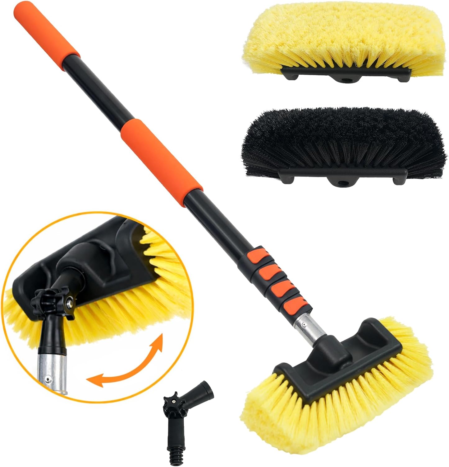 12FT Car Wash Brush with Long Handle Aluminium Telescoping Pole Angle Adapter with 2 Pcs 12" Soft and Hard Bristle Scratch-Free for Cleaning Car Truck RV House Floor Window Roof Solar Panels