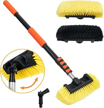 12FT Car Wash Brush with Long Handle Telescoping Extension Pole Angle Adapter with 12" Soft and Hard Bristle Scratch-Free for Cleaning Car Truck RV House Floor Window Roof Solar Panels