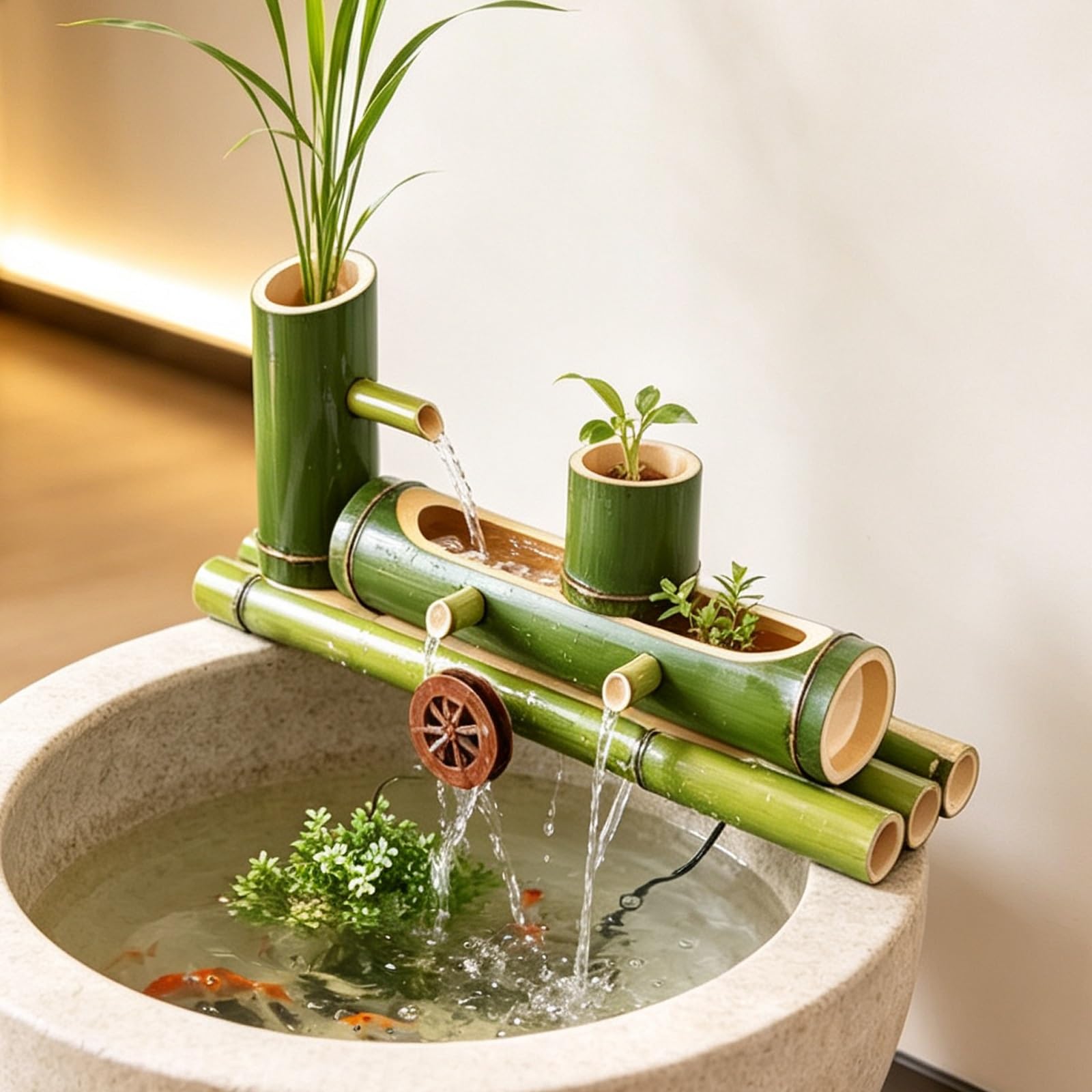 Fontana da Laghetto, Spruzzatore per Laghetto in Bambù con Anelli Filtranti in Ceramica
