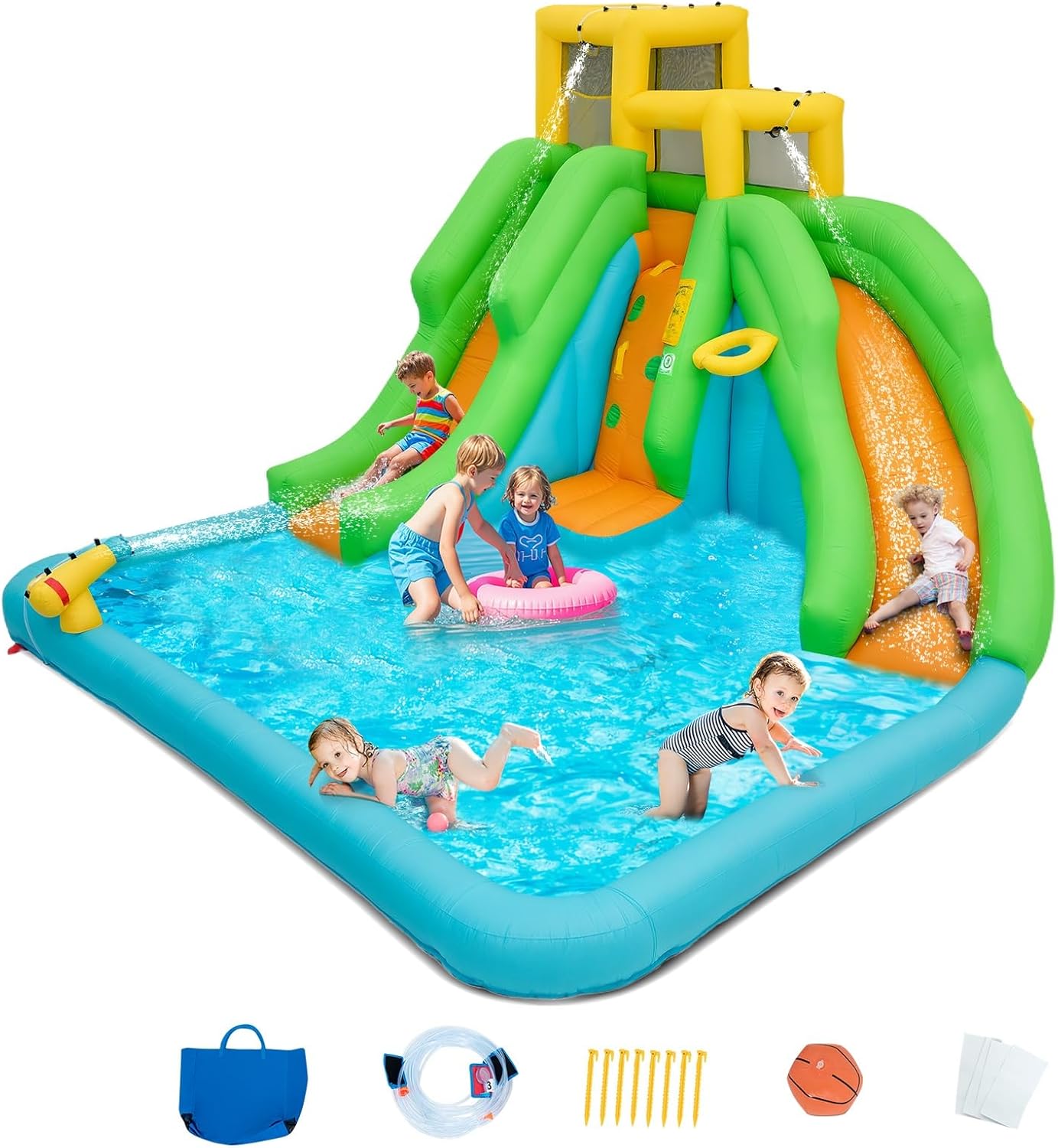 OLAKIDS Inflatable Water Slide, 6 in 1 Bounce House with 2 Slides Climbing Wall Splash Pool Basketball Rim Water Gun, Inflatable Water Park Obstacle Course for Kids Backyard (Without Blower)
