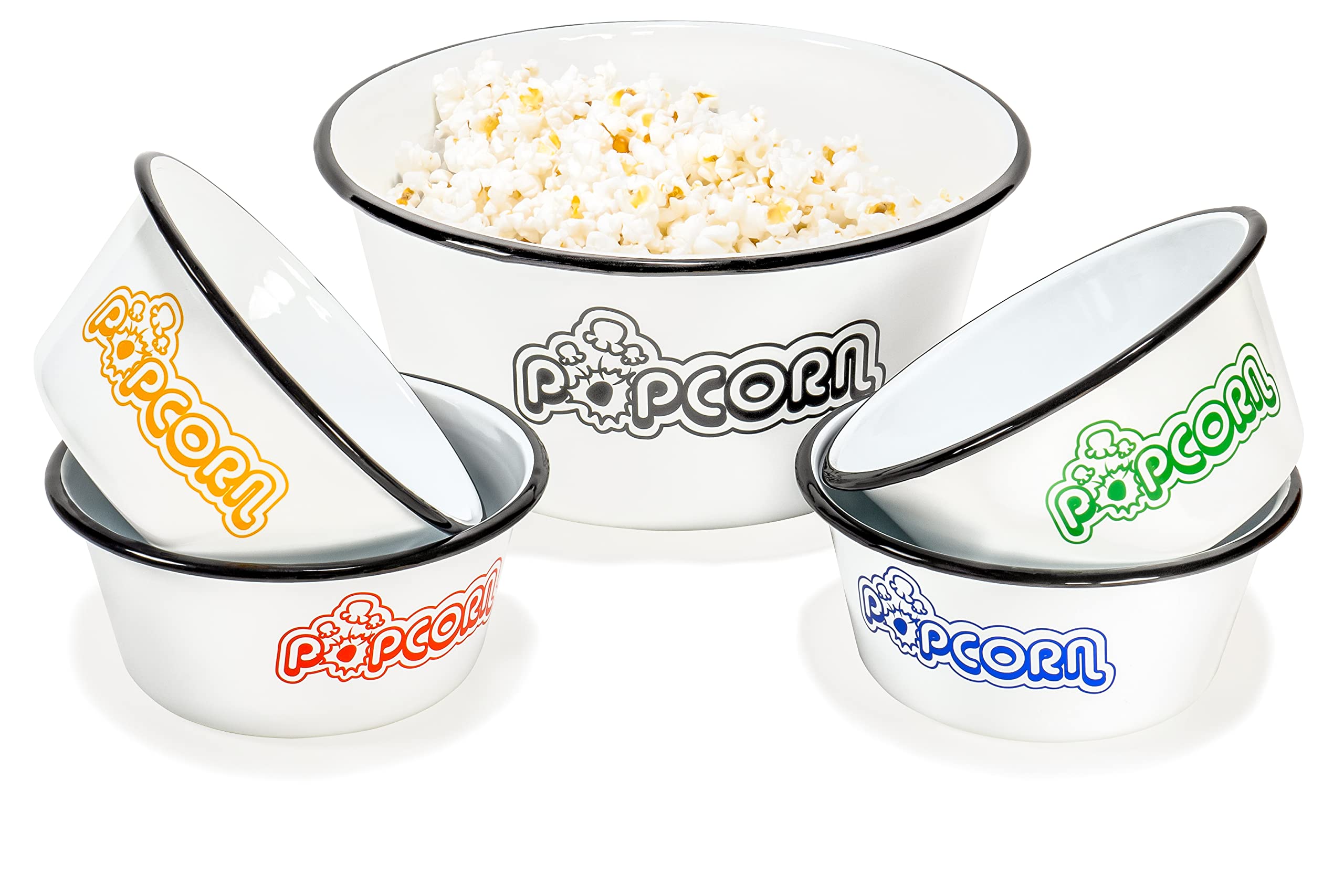 Red Co. Set of 5 White Enamelware Metal Classic 4 Quart and 1.2 Quart Popcorn Bowls, Assorted Color Prints/Black Rim