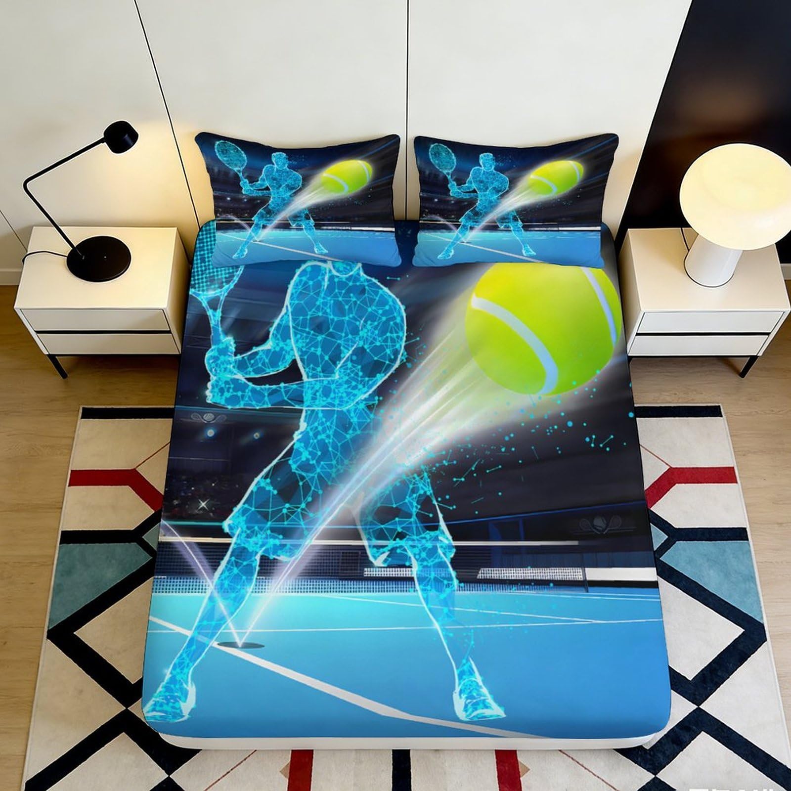Dhbaneiok Style-5 3D Printed Tennis Player Fitted Sheet Microfiber Soft Breathable Tennis Ball Bed Cover For Bedroom Guest Room Decor 90X200x25cm