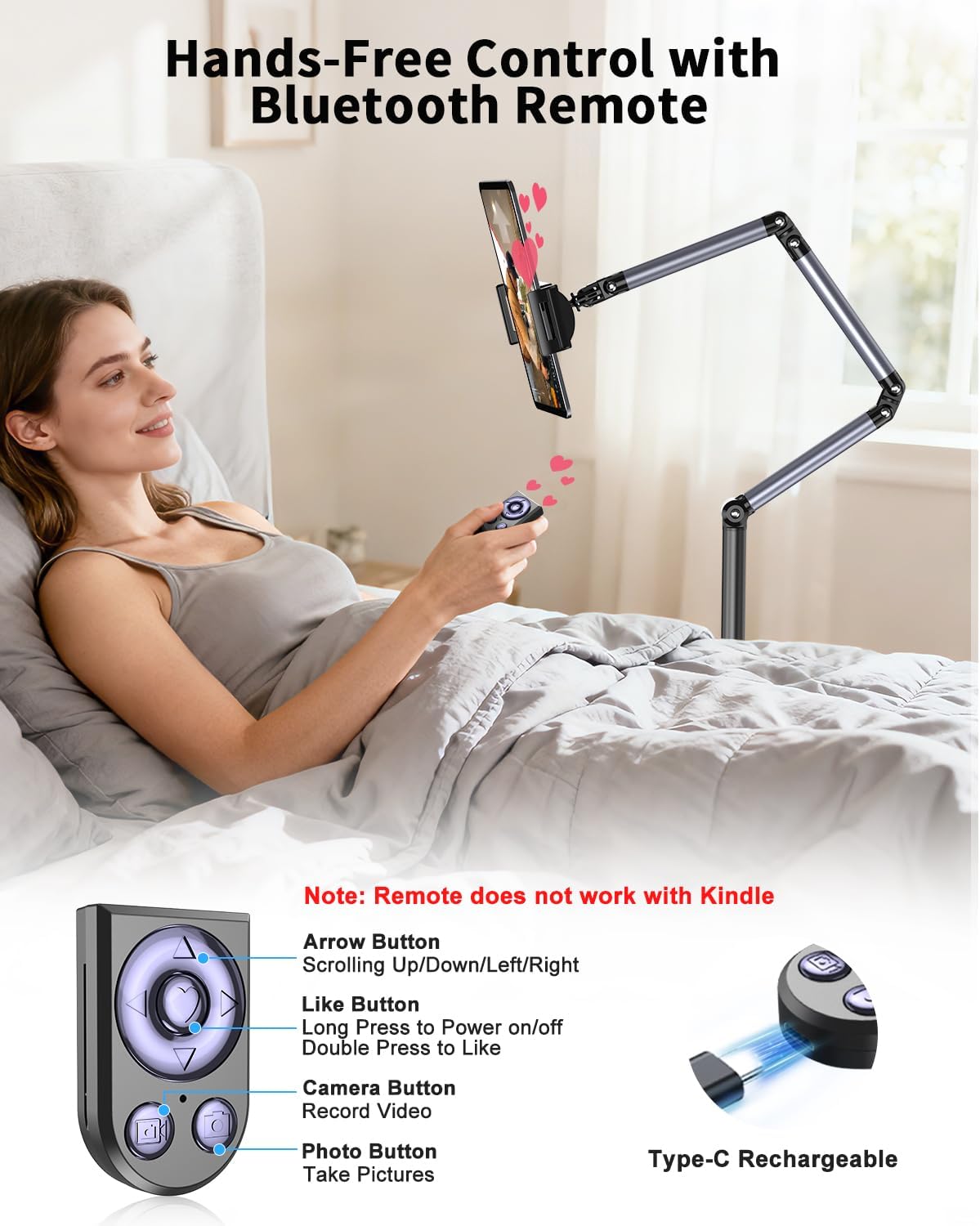 Rolling Tablet Floor Stand with Wheels, Adjustable Aluminum Arm & 360° Rotation, Magnetic Phone Holder with Remote, iPad Floor Stand for Bed, Compatible with 4.7-15.6" iPad, Phone, Kindle & Tablets