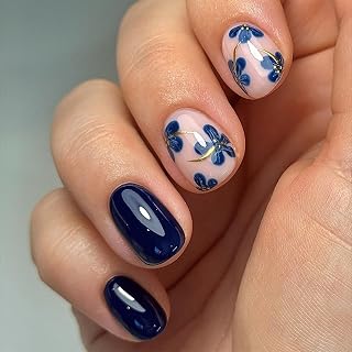 Short Press On-Nails, 24 Pieces Short False Nails, Nails to Paste French, Naild Press On-Nails Design, Blue Flowers
