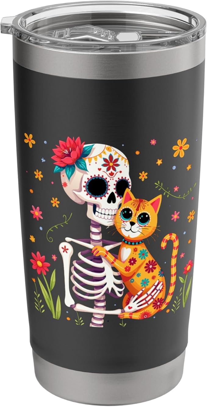 Skeleton Hugging Cat Sugar Skull Día los Muertos Cat Lovers Stainless Steel Insulated Tumbler