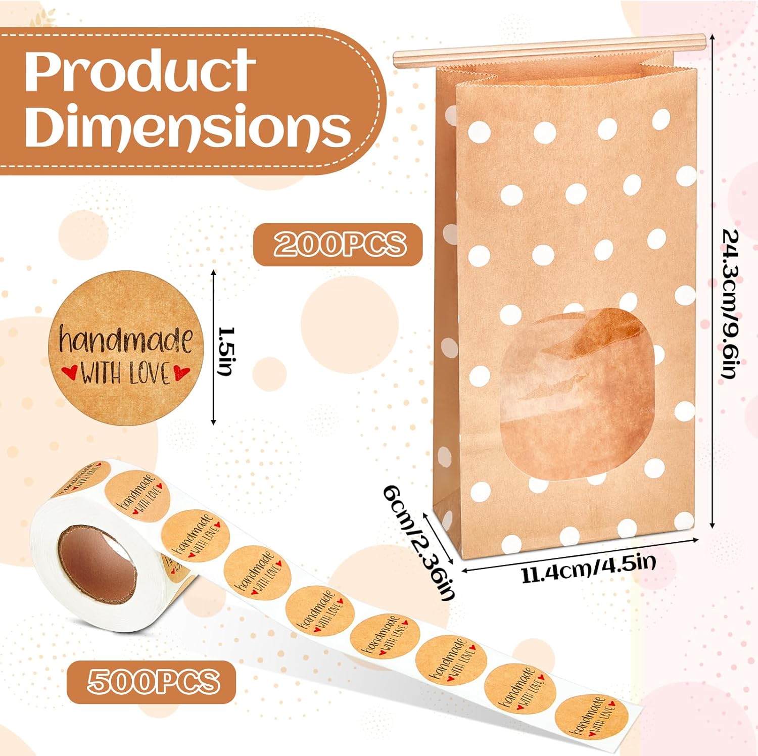 Chuangdi 200 Pieces 4.5 x 2.36 x 9.6 Inch Bakery Bags with Window Brown Paper Cookie Treat Bags Tin Tie Tab Lock with 500 Pcs Handmade Love Sticker for Bakery Cookie Snack Candy