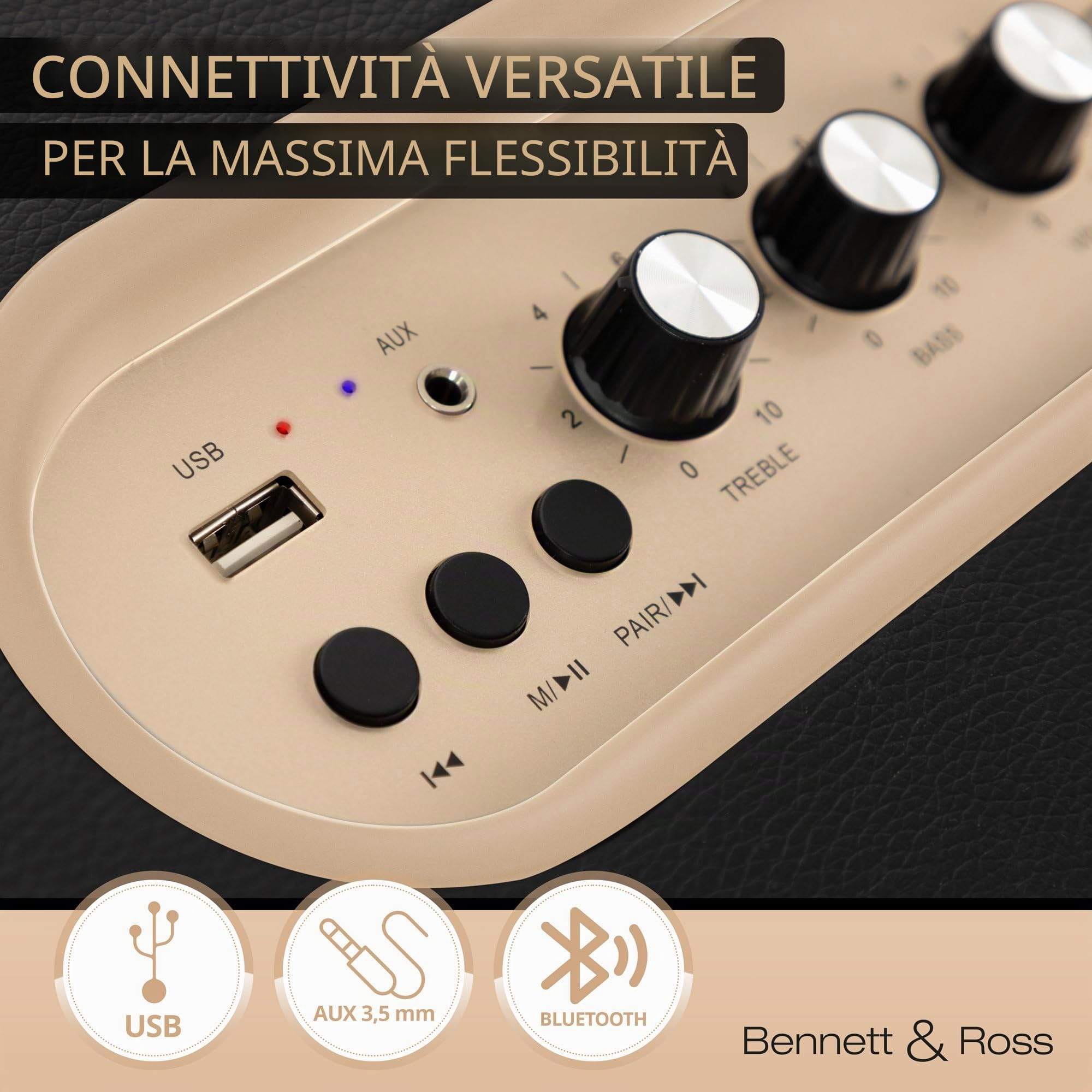 Bennett & Ross BB-860A BK Blackmore altoparlante bluetooth retrò in pelle con batteria da 6000 mAh - Altoparlante vintage da 60 W - Funzione Stereo True Wireless - Ingresso Aux - Cassa nero