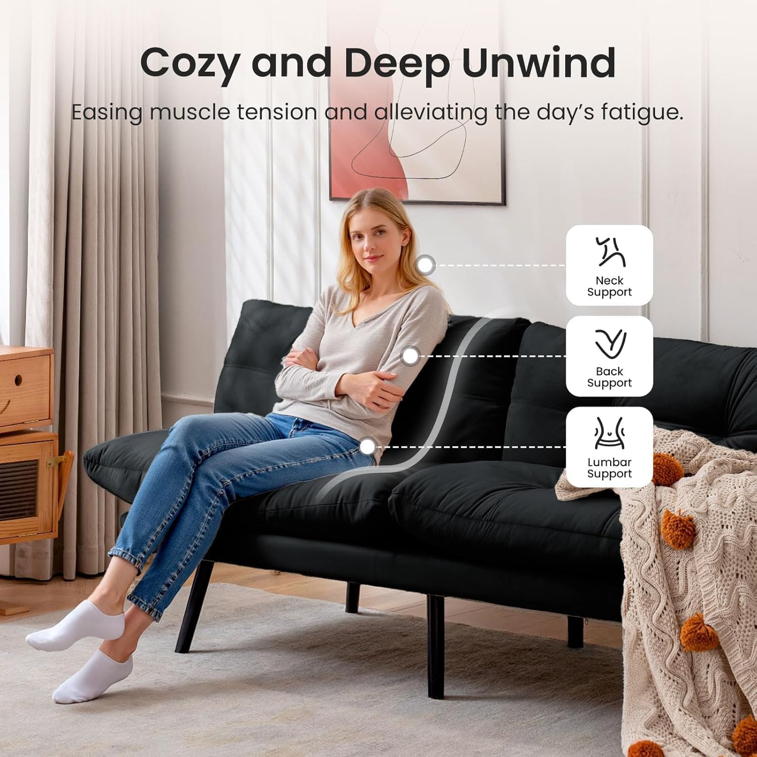 Modern Velvet Futon Sofa Bed,Convertible Folding Couch Bed Sleeper with 6 Chrome Legs,63" Comfy Cloud Couch Small Loveseat for Living Room Office (Black)