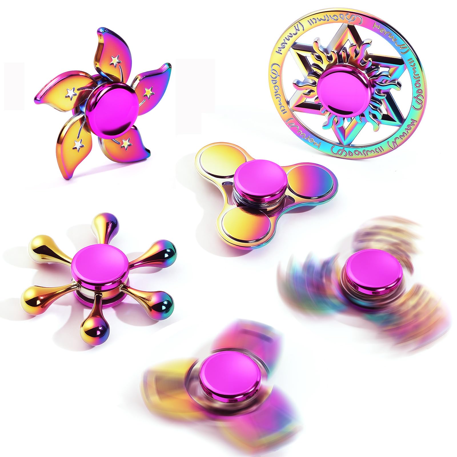 SCIONE 6 Pezzi Set di Fidget Spinner in Metallo – Giocattoli Sensoriali Lisci e Durevoli per Alleviare Stress e Ansia, Rotazione di 3-5 Minuti, per Bambini e Adulti (Colori Arcobaleno)