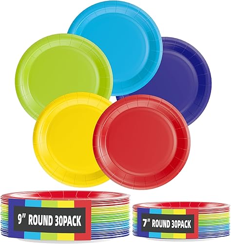 LMJUNZZ 60 platos de papel coloridos desechables de colores para fiestas, rojo, amarillo, azul, rosa, verde, platos de 7 y 9 pulgadas para cena,